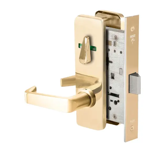 Grade 1 Privacy Mortise Lock, Visual Thumbturn Indicator, 15 Lever, J Escutcheon, Non-Keyed, Bright Brass Finish, Field Reversible Bright Brass