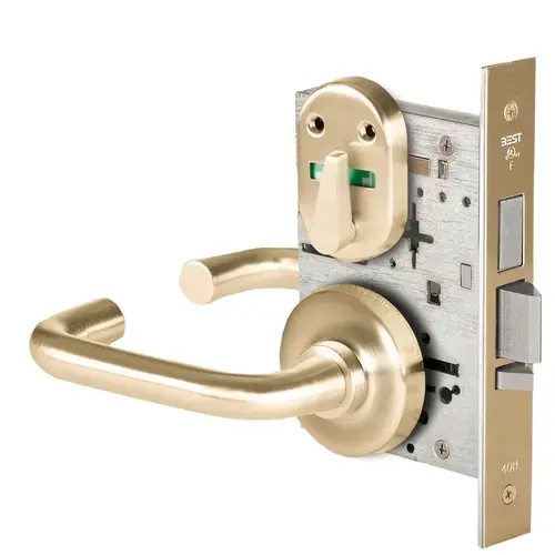 Grade 1 Dormitory Mortise Lock, Visual Thumbturn Indicator, 3 Lever, R Rose, SFIC Housing Less Core, Satin Brass Finish, Field Reversible Satin Brass