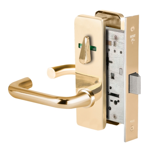 Grade 1 Privacy Mortise Lock, Visual Thumbturn Indicator, 3 Lever, J Escutcheon, Non-Keyed, Bright Brass Finish, Field Reversible Bright Brass