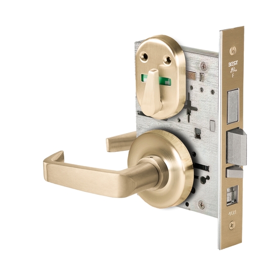 Grade 1 Office Mortise Lock, Visual Thumbturn Indicator, 15 Lever, R Rose, SFIC Housing Less Core, Satin Brass Finish, Field Reversible Satin Brass