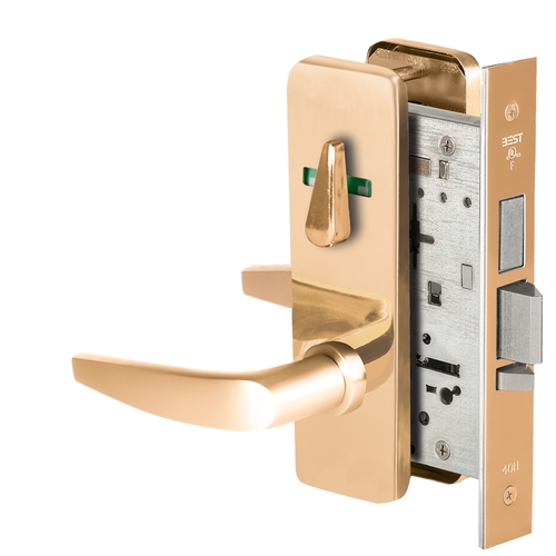 Grade 1 Dormitory Mortise Lock, Visual Thumbturn Indicator, 16 Lever, J Escutcheon, SFIC Housing Less Core, Bright Bronze Finish, Field Reversible Bright Bronze