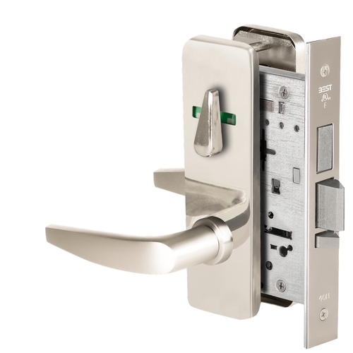 Grade 1 Dormitory Mortise Lock, Double Visual Indicator, 16 Lever, J Escutcheon, SFIC Housing Less Core, Bright Nickel Finish, Field Reversible Bright Nickel