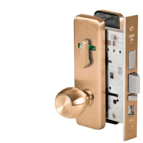 Grade 1 Office Mortise Lock, Visual Thumbturn Indicator, 4 Knob, J Escutcheon, SFIC Housing Less Core, Satin Bronze Finish, Field Reversible Satin Bronze