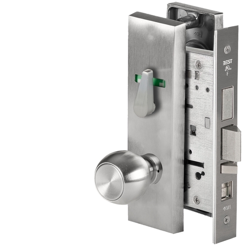 Grade 1 Office Mortise Lock, Visual Thumbturn Indicator, 4 Knob, M Escutcheon, SFIC Housing Less Core, Satin Chrome Finish, Field Reversible Satin Chrome