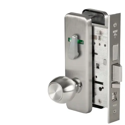 Grade 1 Office Mortise Lock, Visual Thumbturn Indicator, 4 Knob, J Escutcheon, SFIC Housing Less Core, Satin Stainless Steel Finish, Field Reversible Satin Stainless Steel