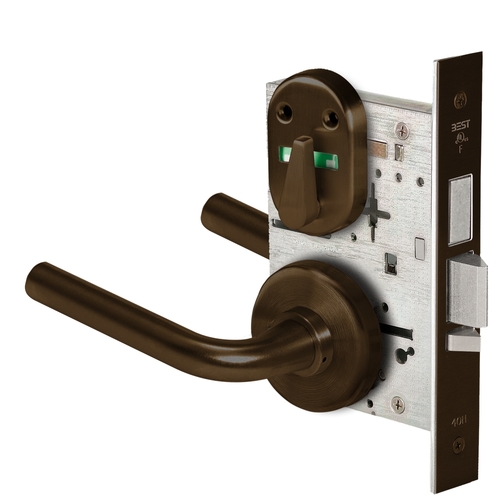 Grade 1 Dormitory Mortise Lock, Double Visual Indicator, 12 Lever, H Rose, SFIC Housing Less Core, Dark Bronze Finish, Field Reversible Dark Bronze