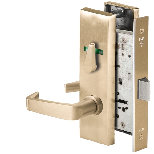 Grade 1 Privacy Mortise Lock, Visual Thumbturn Indicator, 15 Lever, M Escutcheon, Non-Keyed, Satin Brass Finish, Field Reversible Satin Brass