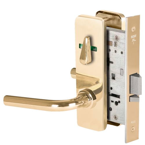 Grade 1 Office Mortise Lock, Visual Thumbturn Indicator, 12 Lever, J Escutcheon, SFIC Housing Less Core, Bright Brass Finish, Field Reversible Bright Brass