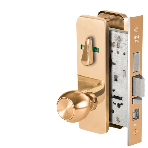 Grade 1 Office Mortise Lock, Double Visual Indicator, 4 Knob, J Escutcheon, SFIC Housing Less Core, Bright Bronze Finish, Field Reversible Bright Bronze