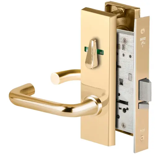 Grade 1 Office Mortise Lock, Visual Thumbturn Indicator, 3 Lever, M Escutcheon, SFIC Housing Less Core, Bright Brass Finish, Field Reversible Bright Brass