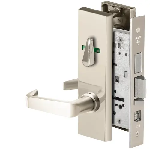 Grade 1 Office Mortise Lock, Visual Thumbturn Indicator, 15 Lever, M Escutcheon, SFIC Housing Less Core, Bright Nickel Finish, Field Reversible Bright Nickel