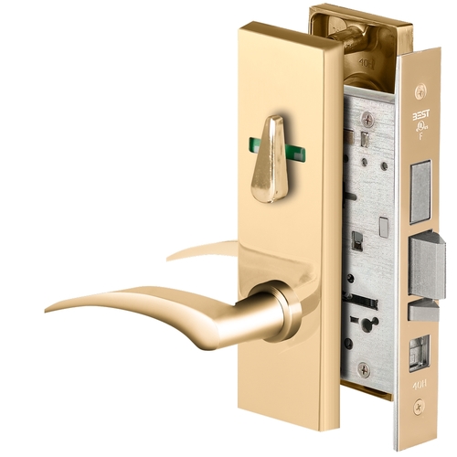 Grade 1 Office Mortise Lock, Visual Thumbturn Indicator, 17L Lever, M Escutcheon, SFIC Housing Less Core, Bright Brass Finish, Field Reversible Bright Brass