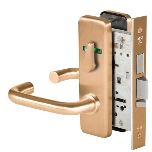 Grade 1 Dormitory Mortise Lock, Visual Thumbturn Indicator, 3 Lever, J Escutcheon, SFIC Housing Less Core, Satin Bronze Finish, Field Reversible Satin Bronze