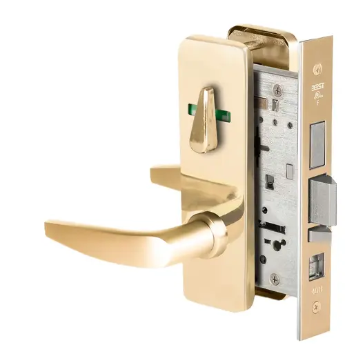 Grade 1 Office Mortise Lock, Double Visual Indicator, 16 Lever, J Escutcheon, SFIC Housing Less Core, Bright Brass Finish, Field Reversible Bright Brass