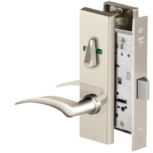 Grade 1 Privacy Mortise Lock, Visual Thumbturn Indicator, 17L Lever, M Escutcheon, Non-Keyed, Bright Nickel Finish, Field Reversible Bright Nickel