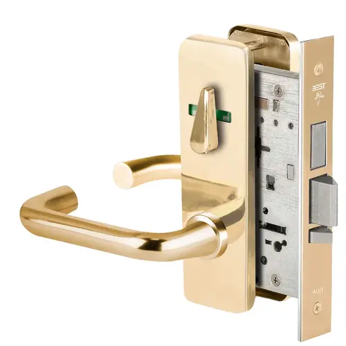 Grade 1 Dormitory Mortise Lock, Visual Thumbturn Indicator, 3 Lever, J Escutcheon, SFIC Housing Less Core, Bright Brass Finish, Field Reversible Bright Brass