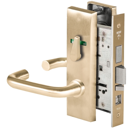 Grade 1 Office Mortise Lock, Visual Thumbturn Indicator, 3 Lever, M Escutcheon, SFIC Housing Less Core, Satin Brass Finish, Field Reversible Satin Brass