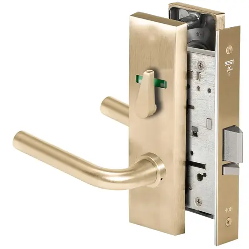 Grade 1 Office Mortise Lock, Visual Thumbturn Indicator, 12 Lever, M Escutcheon, SFIC Housing Less Core, Satin Brass Finish, Field Reversible Satin Brass