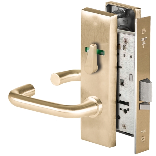 Grade 1 Office Mortise Lock, Visual Thumbturn Indicator, 3 Lever, M Escutcheon, SFIC Housing Less Core, Satin Brass Finish, Field Reversible Satin Brass