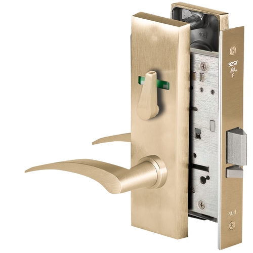 Grade 1 Office Mortise Lock, Visual Thumbturn Indicator, 17R Lever, M Escutcheon, SFIC Housing Less Core, Satin Brass Finish, Field Reversible Satin Brass