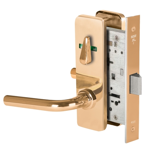 Grade 1 Privacy Mortise Lock, Visual Thumbturn Indicator, 12 Lever, J Escutcheon, Non-Keyed, Bright Bronze Finish, Field Reversible Bright Bronze