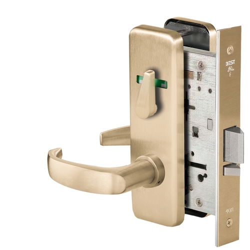 Grade 1 Office Mortise Lock, Double Visual Indicator, 14 Lever, J Escutcheon, SFIC Housing Less Core, Satin Brass Finish, Field Reversible Satin Brass