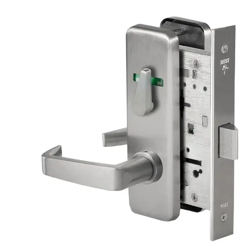 Grade 1 Privacy Mortise Lock, Double Visual Indicator, 15 Lever, J Escutcheon, Non-Keyed, Satin Stainless Steel Finish, Field Reversible Satin Stainless Steel