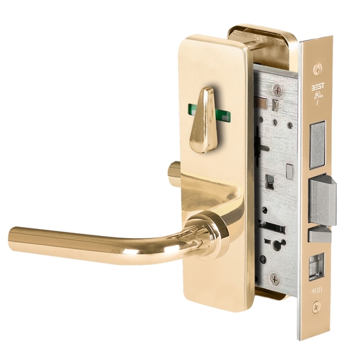 Grade 1 Office Mortise Lock, Double Visual Indicator, 12 Lever, J Escutcheon, SFIC Housing Less Core, Bright Brass Finish, Field Reversible Bright Brass