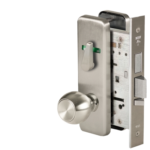 Grade 1 Dormitory Mortise Lock, Double Visual Indicator, 4 Knob, J Escutcheon, SFIC Housing Less Core, Satin Nickel Finish, Field Reversible Satin Nickel