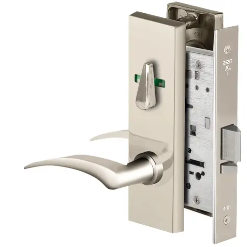 Grade 1 Office Mortise Lock, Visual Thumbturn Indicator, 17L Lever, M Escutcheon, SFIC Housing Less Core, Bright Nickel Finish, Field Reversible Bright Nickel