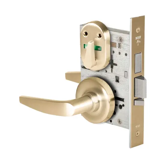 Grade 1 Dormitory Mortise Lock, Double Visual Indicator, 16 Lever, R Rose, SFIC Housing Less Core, Satin Brass Finish, Field Reversible Satin Brass