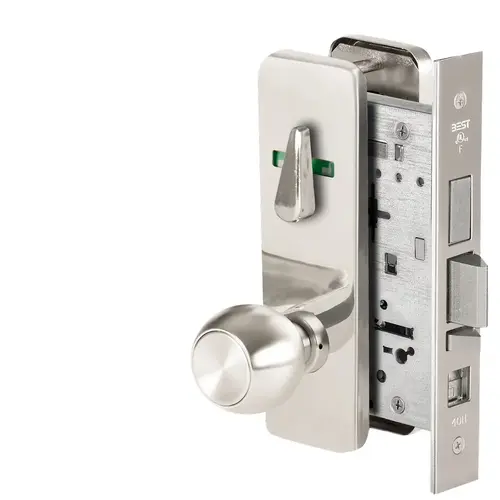 Grade 1 Office Mortise Lock, Double Visual Indicator, 4 Knob, J Escutcheon, SFIC Housing Less Core, Bright Chrome Finish, Field Reversible Bright Chrome