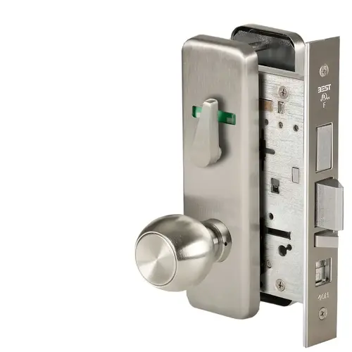 Grade 1 Office Mortise Lock, Double Visual Indicator, 4 Knob, J Escutcheon, SFIC Housing Less Core, Satin Nickel Finish, Field Reversible Satin Nickel