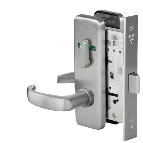 Grade 1 Privacy Mortise Lock, Double Visual Indicator, 14 Lever, J Escutcheon, Non-Keyed, Satin Stainless Steel Finish, Field Reversible Satin Stainless Steel