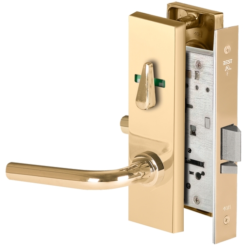 Grade 1 Office Mortise Lock, Visual Thumbturn Indicator, 12 Lever, M Escutcheon, SFIC Housing Less Core, Bright Brass Finish, Field Reversible Bright Brass