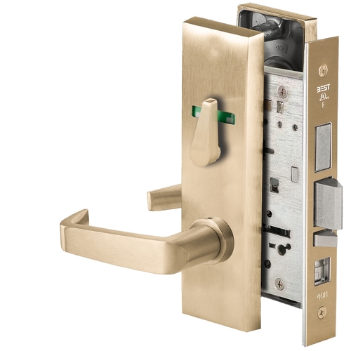 Grade 1 Office Mortise Lock, Visual Thumbturn Indicator, 15 Lever, M Escutcheon, SFIC Housing Less Core, Satin Brass Finish, Field Reversible Satin Brass