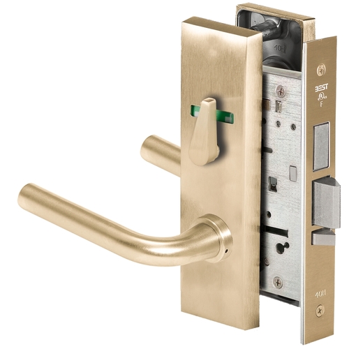 Grade 1 Dormitory Mortise Lock, Visual Thumbturn Indicator, 12 Lever, M Escutcheon, SFIC Housing Less Core, Satin Brass Finish, Field Reversible Satin Brass