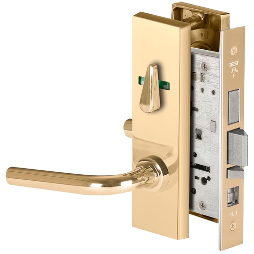 Grade 1 Office Mortise Lock, Visual Thumbturn Indicator, 12 Lever, M Escutcheon, SFIC Housing Less Core, Bright Brass Finish, Field Reversible Bright Brass