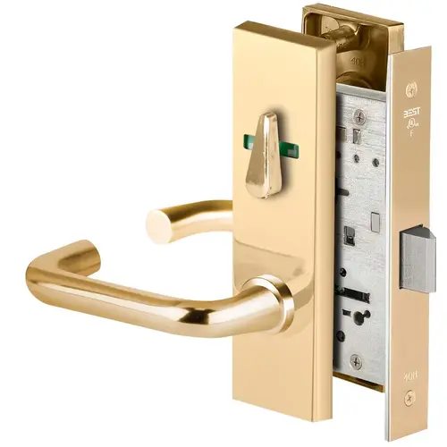 Grade 1 Privacy Mortise Lock, Visual Thumbturn Indicator, 3 Lever, M Escutcheon, Non-Keyed, Bright Brass Finish, Field Reversible Bright Brass