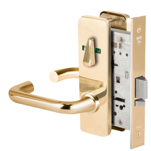 Grade 1 Office Mortise Lock, Visual Thumbturn Indicator, 3 Lever, J Escutcheon, SFIC Housing Less Core, Bright Brass Finish, Field Reversible Bright Brass