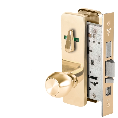 Grade 1 Office Mortise Lock, Visual Thumbturn Indicator, 4 Knob, J Escutcheon, SFIC Housing Less Core, Bright Brass Finish, Field Reversible Bright Brass