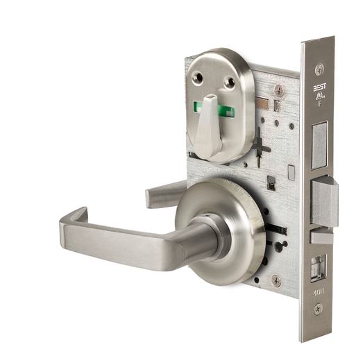 Grade 1 Office Mortise Lock, Double Visual Indicator, 15 Lever, R Rose, SFIC Housing Less Core, Satin Nickel Finish, Field Reversible Satin Nickel