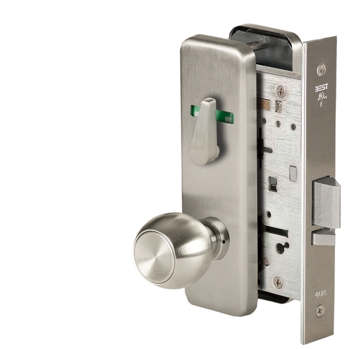 Grade 1 Office Mortise Lock, Double Visual Indicator, 4 Knob, J Escutcheon, SFIC Housing Less Core, Satin Nickel Finish, Field Reversible Satin Nickel