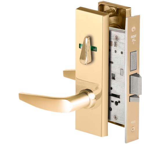 Grade 1 Dormitory Mortise Lock, Visual Thumbturn Indicator, 16 Lever, M Escutcheon, SFIC Housing Less Core, Bright Brass Finish, Field Reversible Bright Brass