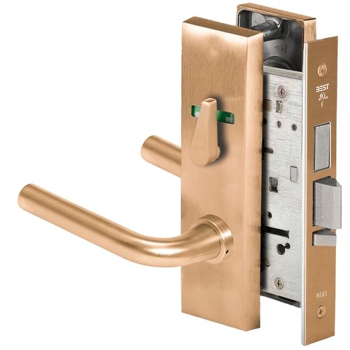 Grade 1 Dormitory Mortise Lock, Visual Thumbturn Indicator, 12 Lever, M Escutcheon, SFIC Housing Less Core, Satin Bronze Finish, Field Reversible Satin Bronze