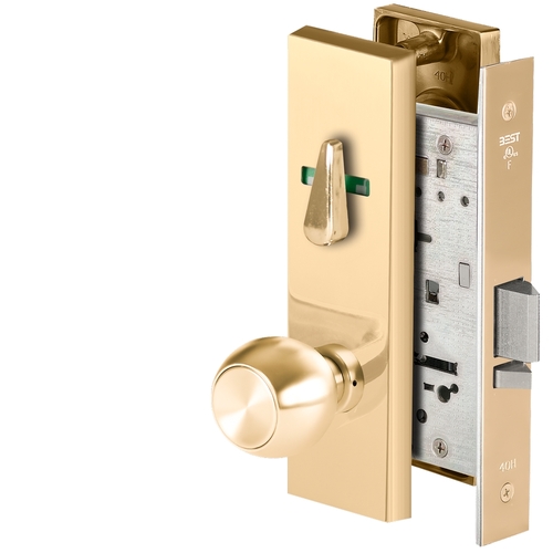 Grade 1 Office Mortise Lock, Visual Thumbturn Indicator, 4 Knob, M Escutcheon, SFIC Housing Less Core, Bright Brass Finish, Field Reversible Bright Brass