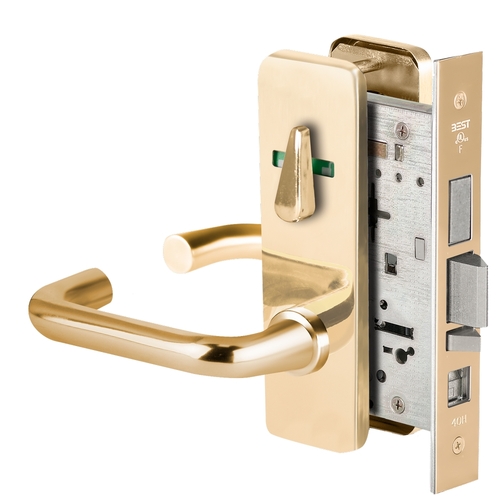 Grade 1 Office Mortise Lock, Visual Thumbturn Indicator, 3 Lever, J Escutcheon, SFIC Housing Less Core, Bright Brass Finish, Field Reversible Bright Brass