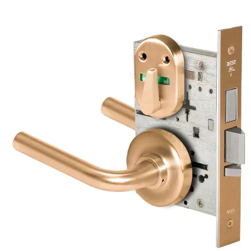 Grade 1 Dormitory Mortise Lock, Visual Thumbturn Indicator, 12 Lever, R Rose, SFIC Housing Less Core, Satin Bronze Finish, Field Reversible Satin Bronze