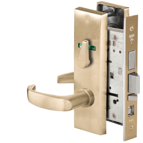 Grade 1 Office Mortise Lock, Visual Thumbturn Indicator, 14 Lever, M Escutcheon, SFIC Housing Less Core, Satin Brass Finish, Field Reversible Satin Brass