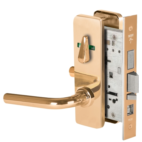 Grade 1 Office Mortise Lock, Visual Thumbturn Indicator, 12 Lever, J Escutcheon, SFIC Housing Less Core, Bright Bronze Finish, Field Reversible Bright Bronze